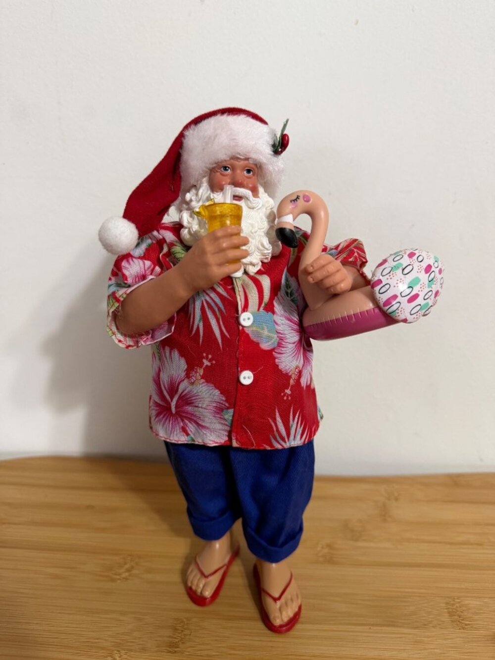 Hawaiian Santa Figurine With Flamingo Float Red Shirt & Blue Pants
